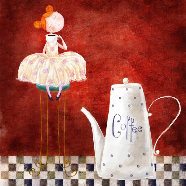 Cute red-head girl with cup of coffee sitting on the chair in the dark red background with big teapot. Print for kitchen, for cafe, for home. Coffee time. — Stock Photo, Image