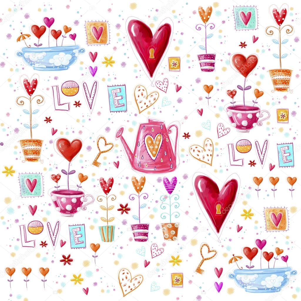 Love background made of red hearts, flowers.Seamless pattern can be used for wallpaper, pattern fills, web page background, postcards.