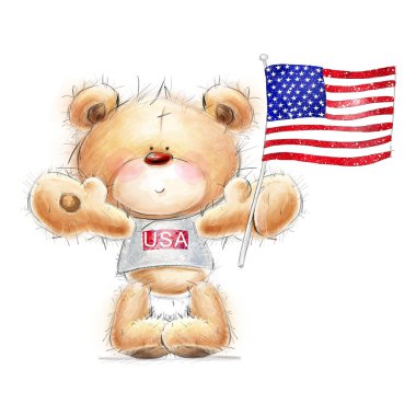Amerikan bayrağıyla şirin bir oyuncak ayı. Ayı ve bayrak ile arka plan. El yapımı oyuncak ayı beyaz arka planda izole edilmiş. Bağımsızlık Günü. Tatlı Teddy 'li tebrik kartı.  .