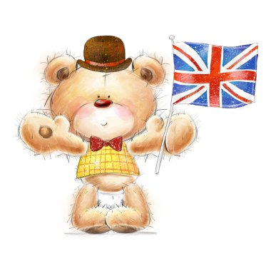 sevimli ayıcık şapkalı uk bayrağı. ayı ve bayrak arka plan. elle çizilmiş oyuncak ayı beyaz background.greeting kartı sevimli teddy ile izole