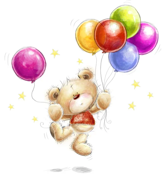 Милий плюшевий ведмідь з різнокольоровими кульками і зірками. Фон з ведмедем і повітряними кульками. Ручний намальований плюшевий ведмедик ізольований на білому тлі. Вітальна листівка на день народження . — стокове фото