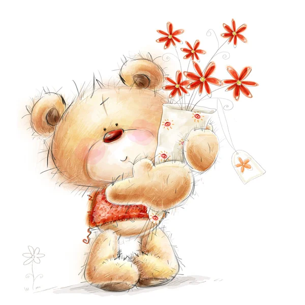 Lindo oso de peluche con las flores rojas. Fondo con oso y flores. Osito de peluche dibujado a mano aislado sobre fondo blanco.Tarjeta de felicitación de San Valentín. Diseño de amor. Me encanta — Foto de Stock