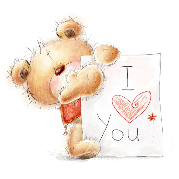 Cute Teddy bear with the big paper with the text. Background with bear and heart. Hand drawn teddy bear isolated on white background.Valentines greeting card. Love design.I love you — Stock Photo, Image