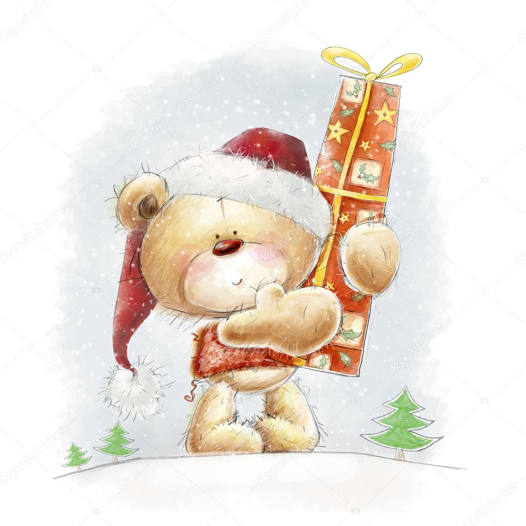 Cute teddy bear with the big red gift in the Santa hat.Childish illustration in sweet colors.Background with bear and gift. Hand drawn teddy bear.Christmas greeting card.