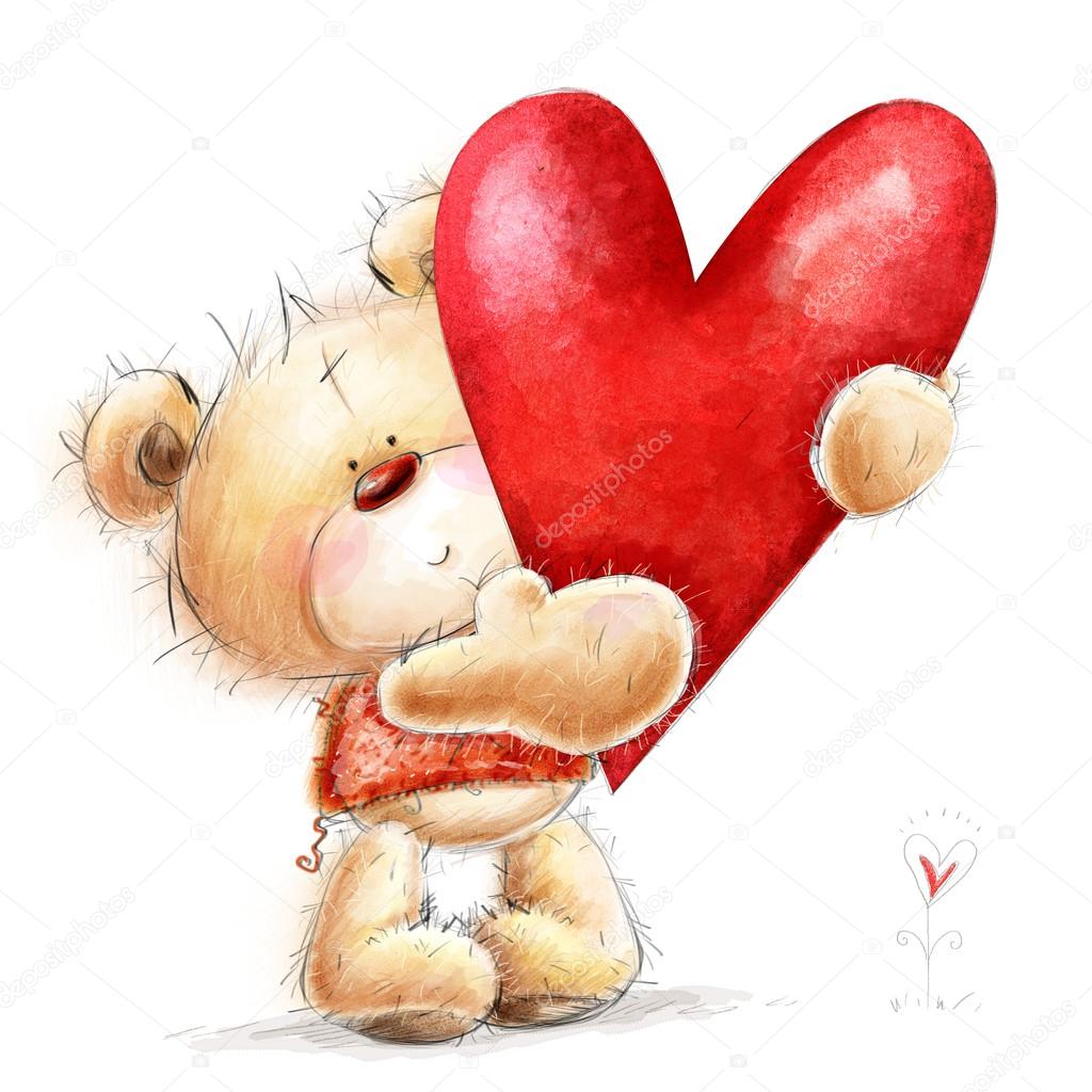 Teddy bear with the big red heart.Childish illustration in sweet colors.Background with bear and heart. Hand drawn teddy bear isolated on white background.Valentines