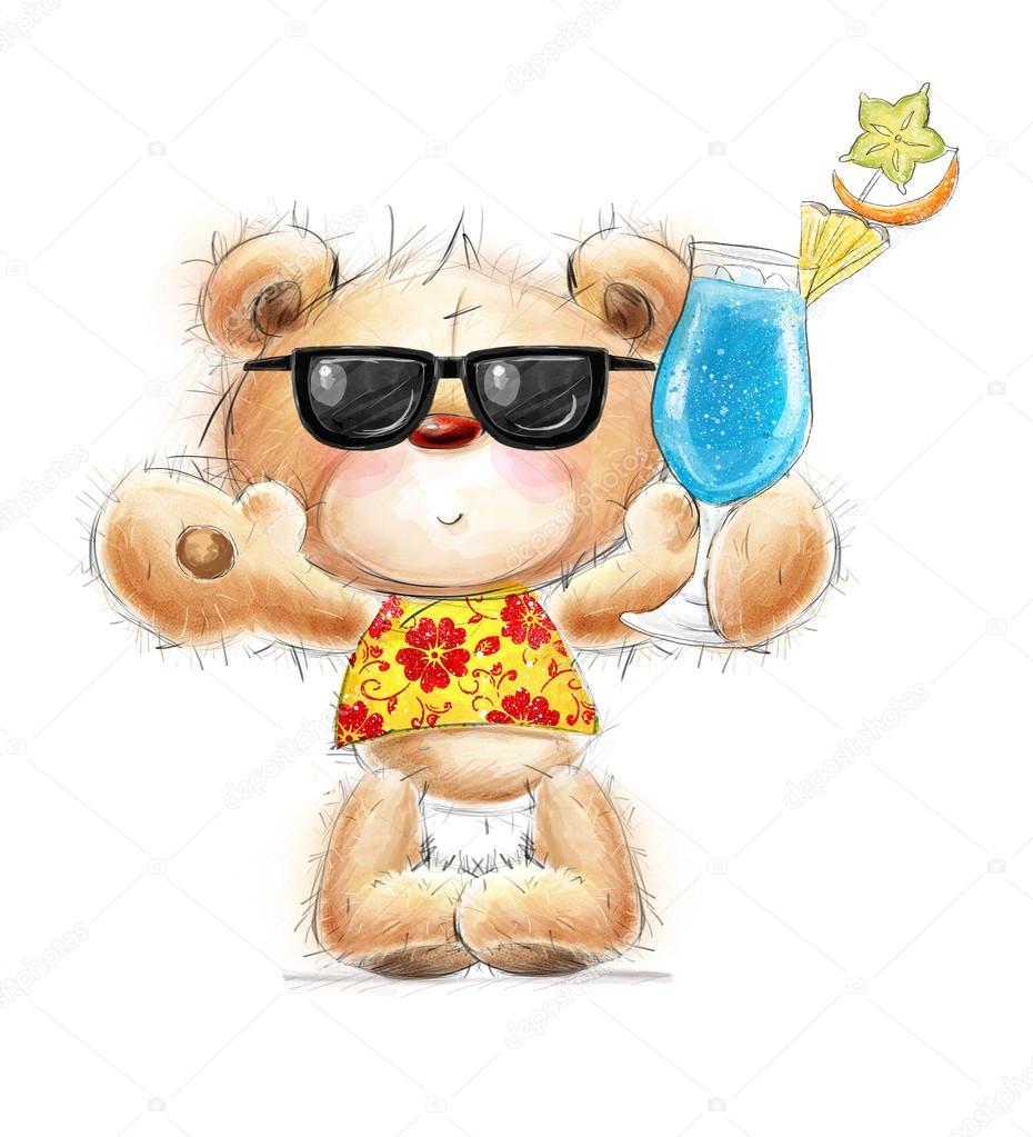 Cute Teddy bear with the cocktail in the summer glasses and Hawaiian shirt   Background with bear and cocktail . Hand drawn teddy bear isolated on white