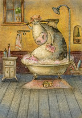 sevimli inek herself.vintage background.children resimde yıkama banyo. karikatür çocuksu vintage renkleri arka planda.