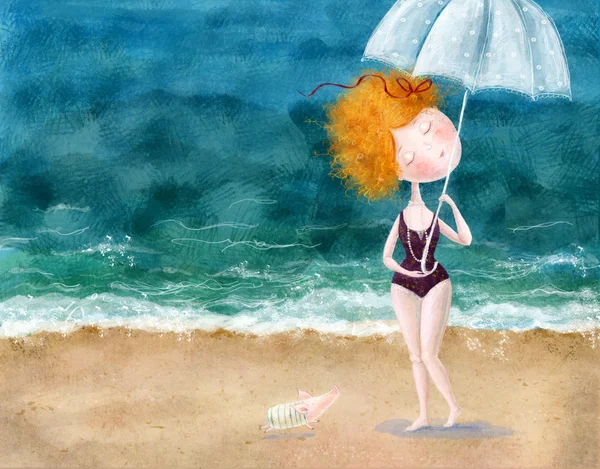 Cute red-head girl with umbrella and little pig on the beach. Sea background.Wallpaper for girl's room, for magazine. — Stock Photo, Image