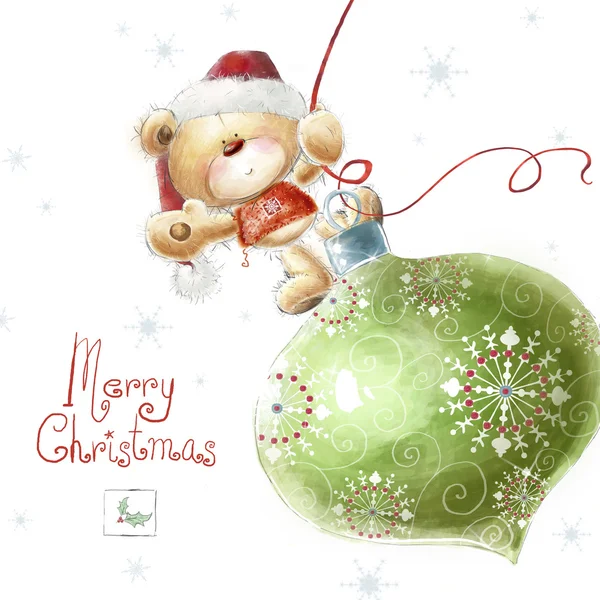 Bonito osito de peluche con el gran juguete del árbol de Navidad en el sombrero de Santa. Ilustración infantil en colores dulces. Fondo con oso y juguete. Oso de peluche dibujado a mano. Navidad —  Fotos de Stock