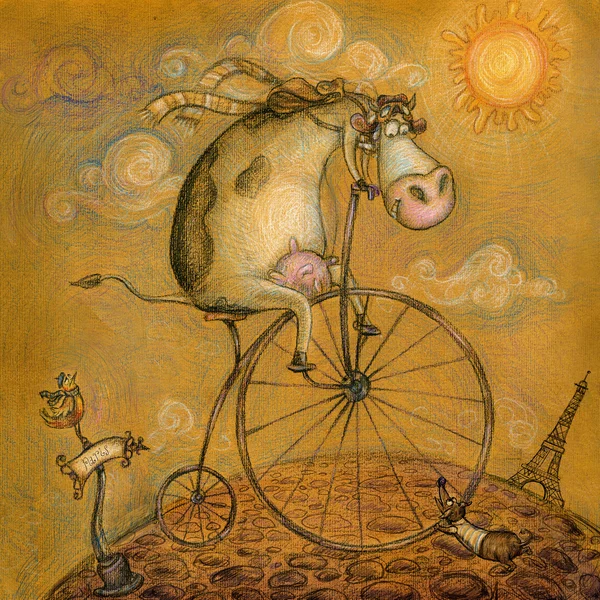 Vaca linda en la bicicleta. Fondo vintage. Ilustración de niños. Fondo infantil de dibujos animados en colores vintage. Torre Eiffel en París, postal en estilo dibujado a mano . —  Fotos de Stock