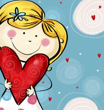 I love you postcard. Cute  girl with the big heart. Valentine's day card.Happy mothers day. Love background. Love illustration.