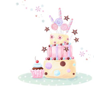 çay zamanı tasarım şablonu. doğum günü pastası, şeker ve çay şeyler yapılan cupcake.bright yaz özetliyor çizim yaptı. Hadi çay! doğum günü pastası.