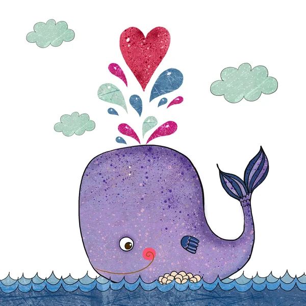 Cartoon  illustration with whale and red heart. Marine illustration with funny whale. Holiday card. Valentine's day card.I love you postcard. Valentine's day card. Love — Stock Photo, Image