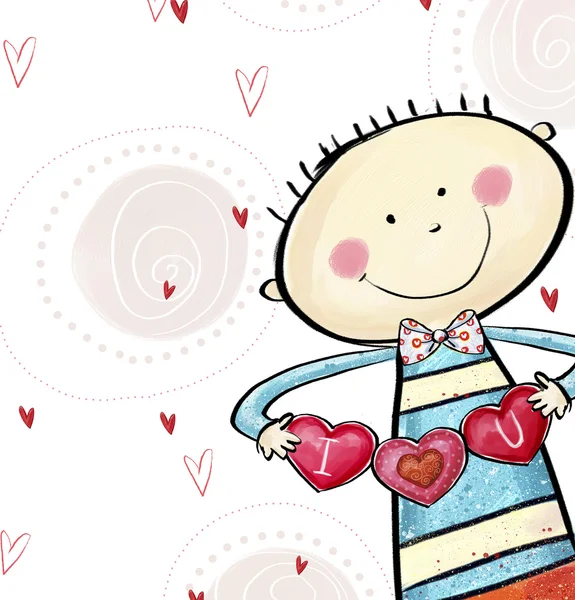 Te quiero una postal. Lindo chico con los corazones. Tarjeta de felicitación de San Valentín. Fondo de amor. Ilustración de amor. Muchacho sonriente con corazones en las manos . — Foto de Stock