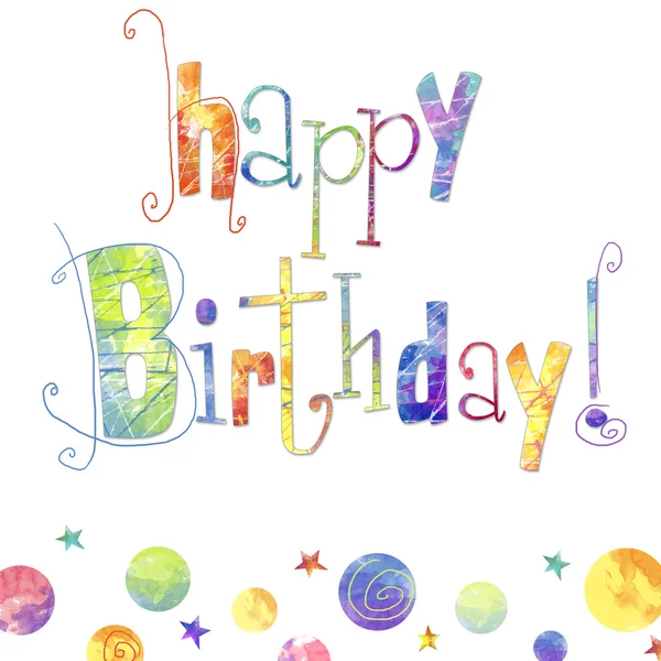 Hermosa tarjeta de felicitación feliz cumpleaños con texto, gotas y estrellas en colores brillantes. Tarjeta de cumpleaños. Fondo de cumpleaños . — Foto de Stock