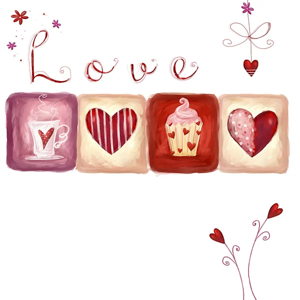 Doux motif romantique sans couture avec mots d'amour, fleurs, cupcake, tasse et coeurs. Carte postale Saint Valentin.Fond d'amour.Je t'aime.Invitation à la réunion . — Photo