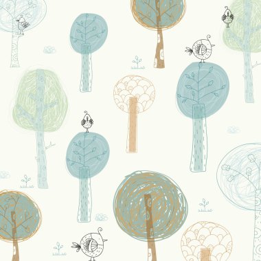 kuşlar ve ağaçları ile parlak bir arka plan. duvar kağıtları, desen dolgularını, web sayfası arka planlar, yüzey dokuları için karikatür yaz wallpaper.seamless desen-ebilmek var olmak kullanılmış.