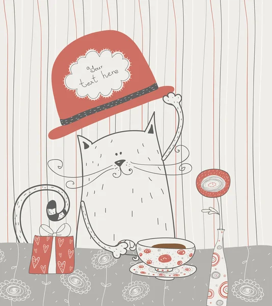 Fond vectoriel mignon avec chat dans le chapeau. Cadre de boulangerie romantique avec place pour le texte. Décoration d'anniversaire. Invitation à la partie.Lumineux contours d'été fabriqués à partir de choses de thé. Allons prendre le thé. ! — Image vectorielle