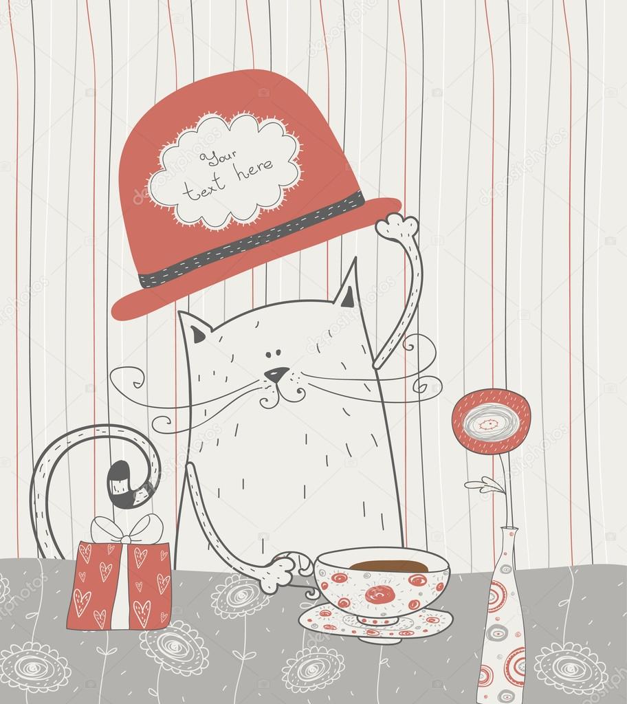 Cute vector background with cat in the  hat. Romantic bakery frame with place for text. Birthday decoration. Invitation for party.Bright summer outlines made from tea things. Let's tea!