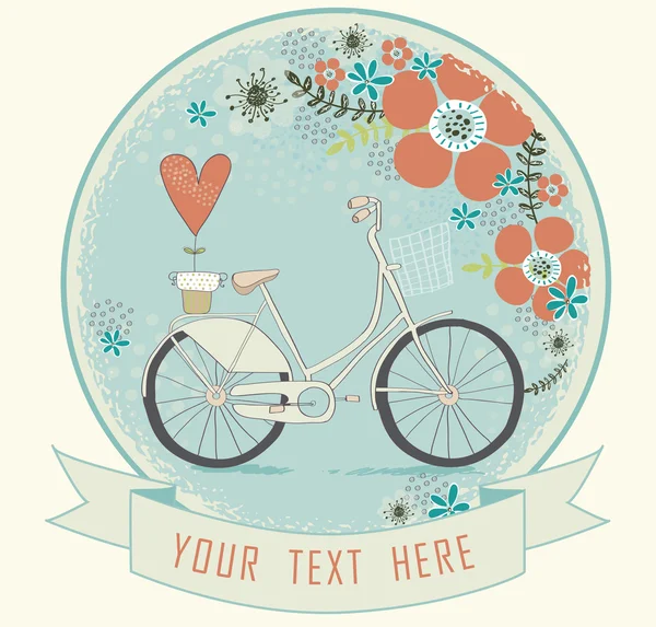 Vintage verliefdheid kaart in vector. zachte romantische liefde illustratie met fiets, bloemen en hart. naadloze patroon kan worden gebruikt voor achtergronden, opvulpatronen, web pagina-achtergronden, oppervlakte — Stockvector