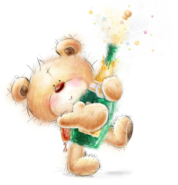 Cute Teddy Bear with the bottle of close -up champagne.Party invitation.Happy Birthday greeting card.Celebration theme with splashing champagne.Champagne Explosion. — Stock Photo, Image