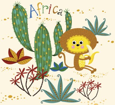 Maymun yeme muz, kaktüs ve bitkiler ile vektör arka plan... Çocuk illüstrasyon. Monkey.Africa.
