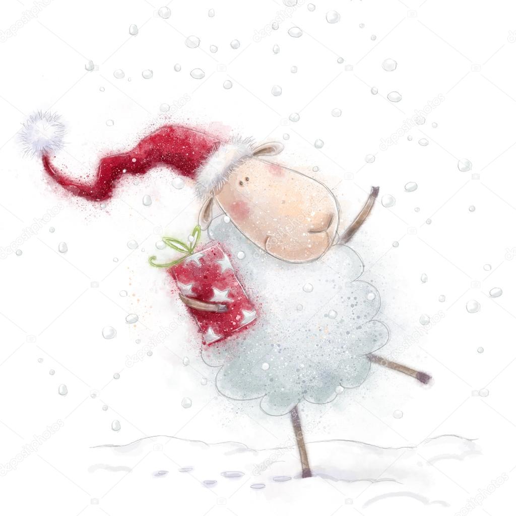 Christmas sheep.Cute sheep with the gift in Santa hat on snow background.Christmas greeting card.Happy New Year 2015. Concept background in bright colors. Merry Christmas card with cute cartoon sheep