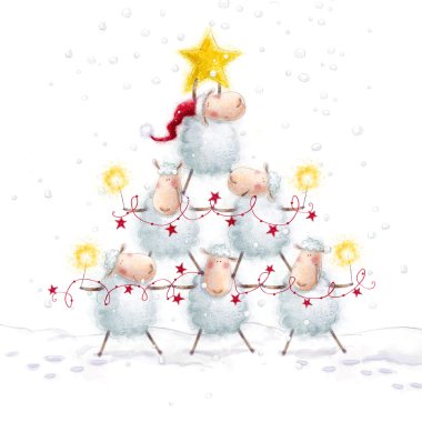 Noel koyun. Sevimli koyun yapılan yıldız ile Noel ağacı. Yeni yıl tebrik kartları. Noel arka plan. Bengal ışıkları ile komik koyun karikatür ve ışıklar süsleyelim. Christmas illüstrasyon