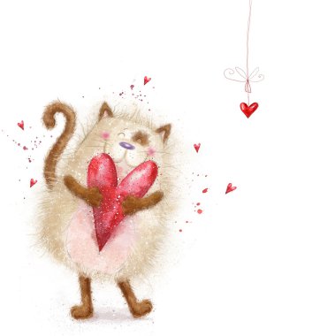 Seviyorum. Kırmızı kalpli şirin kedi. Kedi aşık. Sevgililer günü kartpostal. Arka plan seviyorum. Seni seviyorum. Toplantı daveti.