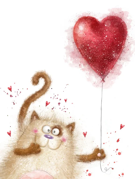 Love. Cute cat with red heart.Cat in love.Valentines day postcard.Love background.I love you.Meeting invitation. — Stock Photo, Image