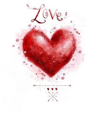 Watercolor  red heart. Design element.Save the date background. Vintage background. Valentine background. Hand drawn. Grunge heart. Love heart design. clipart