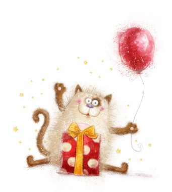 Sevimli kedi. Doğum günü davetiyesi. Doğum günü partisi. Hediye ve balon ile kedi. Elle çizilmiş kedi beyaz arka plan üzerinde izole. Doğum günü tebrik kartı.