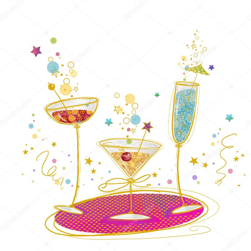 Cocktail Party Invitation Poster.Hand drawn illustration of cocktails.Cocktail glass. Cocktail bar. Birthday invitation.