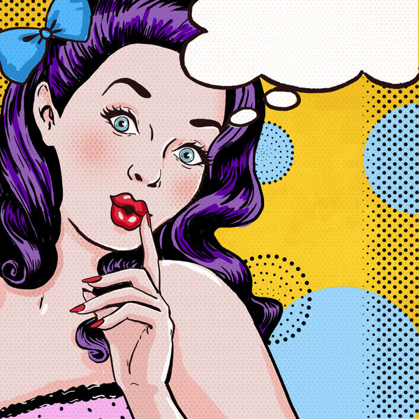 Pop Art illustration of woman with speech bubble.Pop Art girl. Party invitation. Birthday greeting card.