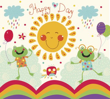 Vektör karikatür çizim mutlu kurbağalar, güneş ve kuş. Doğum günü kartı. Doğum günü Davetiyesi.