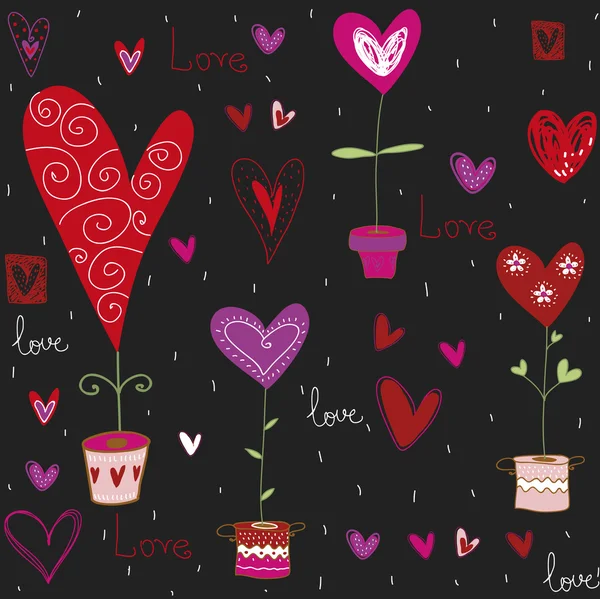 Fondo de amor hecho de corazones rojos, flores. Patrón sin costura se puede utilizar para el papel pintado, relleno de patrones, fondo de página web, postales . — Archivo Imágenes Vectoriales