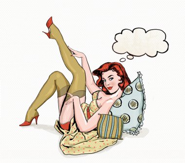 İllüstrasyon kadın konuşma balonu ile pin. Pin up girl. Parti Davetiyesi. Doğum günü tebrik kartı. Vintage tebrik kartı