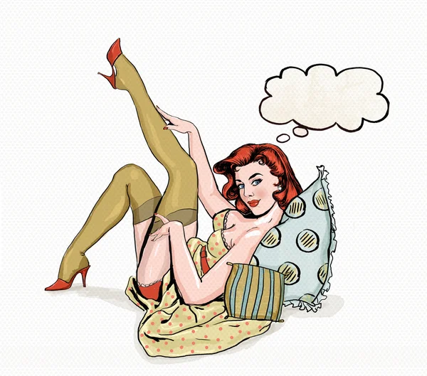 Pin up illustration av kvinna med pratbubblan. Pin-up girl. Inbjudan till fest. Gratulationskort födelsedag. Vintage kort — Stockfoto