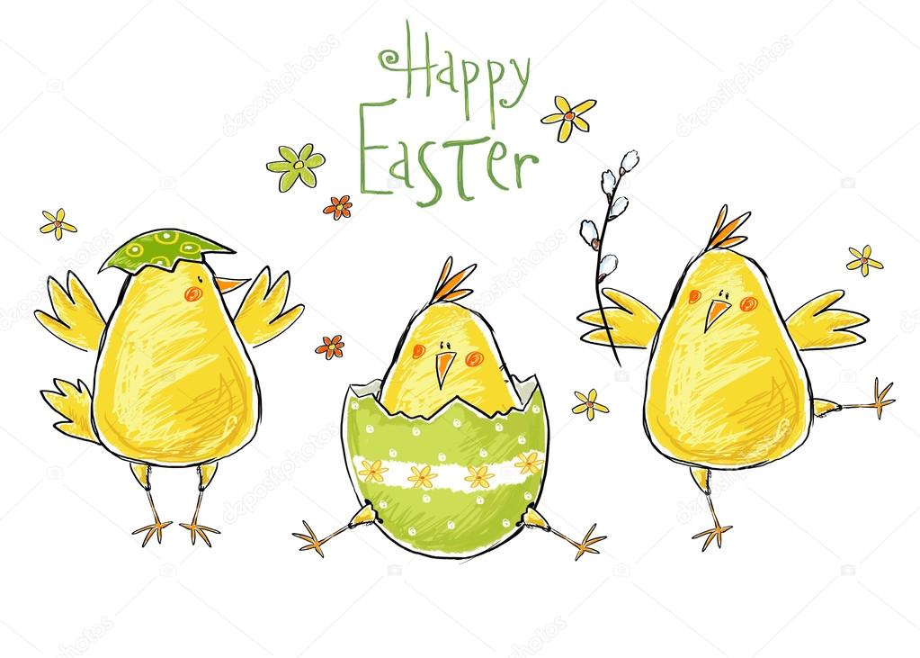 Happy easter greeting card. Cute chicken with text in stylish colors. Concept holiday spring cartoon greeting card.Congratulation with Easter