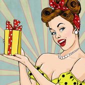 Mädchen mit dem Geschenk im Vintage-Stil. Pin-up Mädchen. Parteieinladung. Geburtstagsgrußkarte.