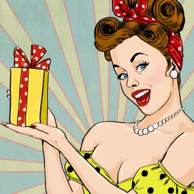 Girl with the gift in vintage style. Pin up girl. Party invitation. Birthday greeting card. clipart
