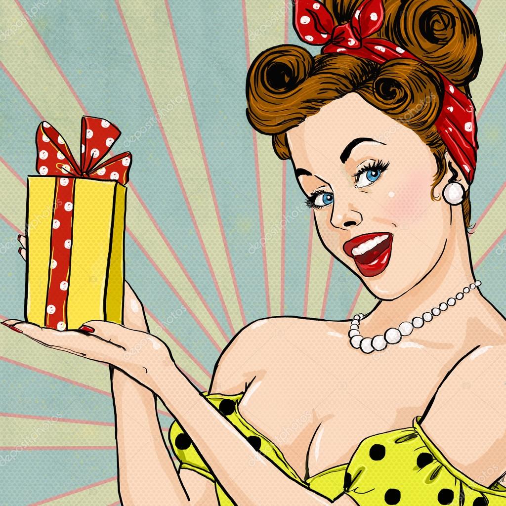 Girl With The Gift In Vintage Style Pin Up Girl Party Invitation Birthday Greeting Card Stock Photo By C Lucky84