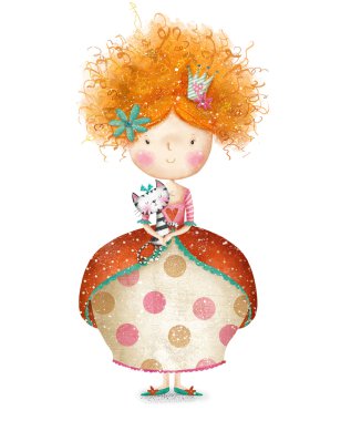 Şirin küçük Prenses ile kedi çocukça tatlı renkler-oyun kağıdı. Küçük Princess.Birthday tebrik kartı.