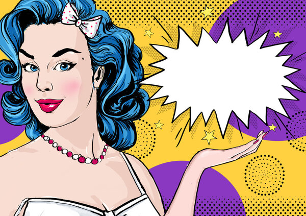 Pop Art illustration of woman with the comic speech bubble .Pop Art girl. Party invitation. Birthday greeting card.Cute girl surprised . Vintage pop art poster.