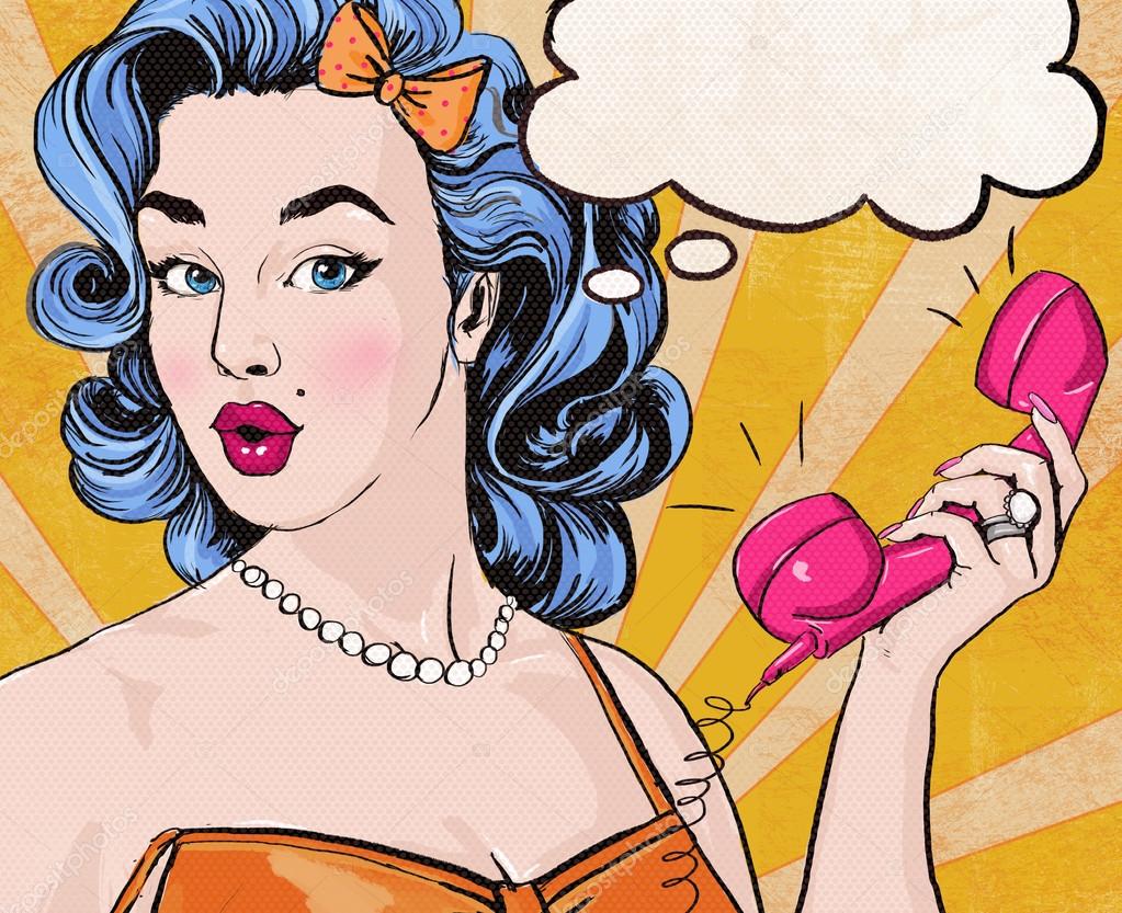 Pop Art illustration of woman with the speech bubble ant retro telephone.Pop Art girl. Party invitation. Birthday greeting card.Call me. Cute girl surprised by the call. Vintage pop art poster.