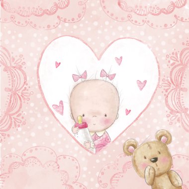 Bebek duş tebrik kartı. Teddy, çocuklar için aşk arka plan ile kız bebek.