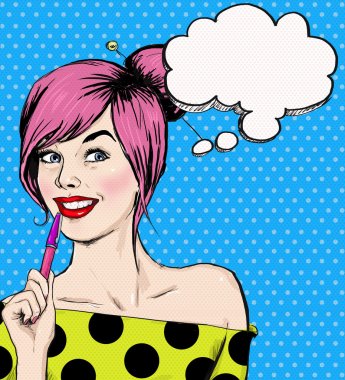 Fashion pop art illustration girl with pen in the hand with speech bubble. Student girl. Youth. Young student at the lesson. Young girl with thought bubble. Youth style poster. Pop Art girl.