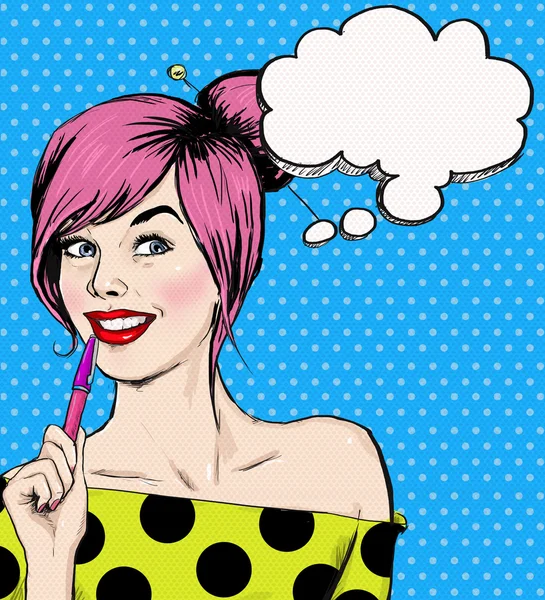 Fashion pop art illustration girl with pen in the hand with speech bubble. Student girl. Youth. Young student at the lesson. Young girl with thought bubble. Youth style poster. Pop Art girl. — Stock Image Fashion pop art illustration girl with pen in the hand with speech bubble. Student girl. Youth. Young student at the lesson. Young girl with thought bubble. Youth style poster. Pop Art girl. Royalty Free Stock Photos