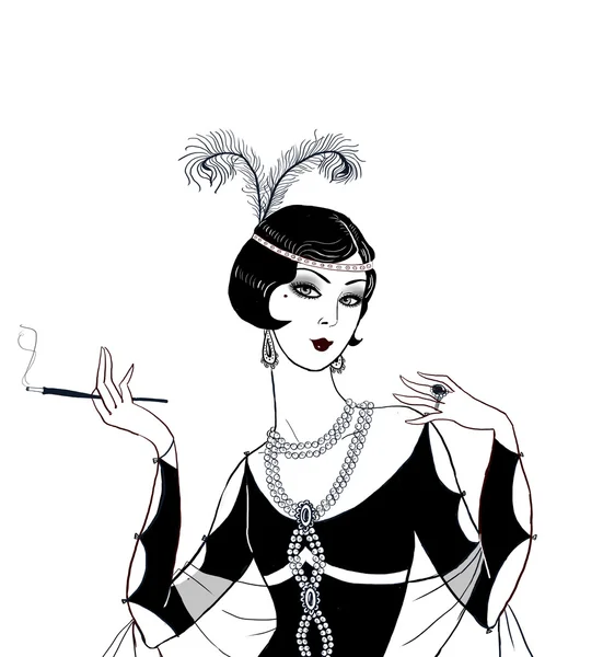 Stängnät flicka: Retro party inbjudan design. Art Deco-kvinnor med cigarett — Stockfoto