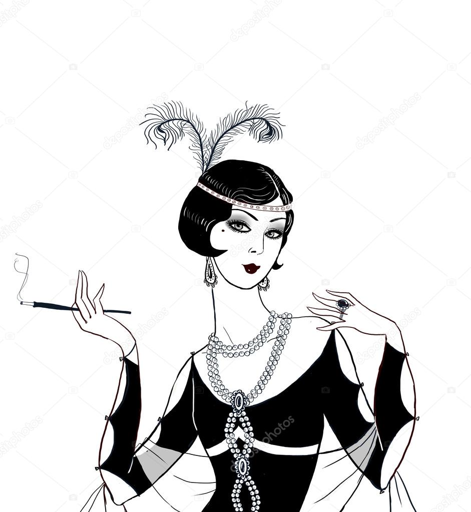 Flapper girl: Retro party invitation design.Art deco women with cigarette